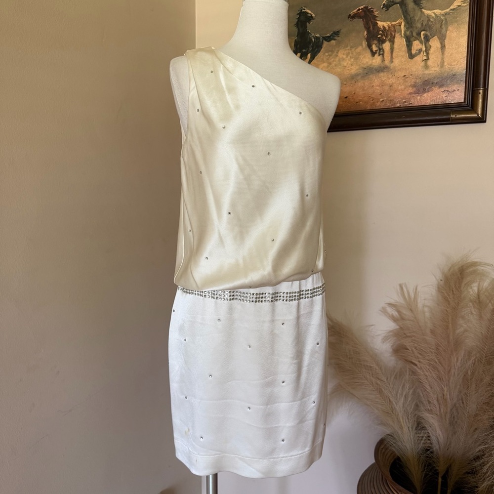 ABS Allen Schwartz One-Shoulder Ivory & Cream Embellished Dress